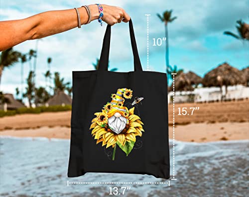 GXVUIS Canvas Tote Bag for Women Aesthetic Sunflower Gnome Reusable Grocery Shoulder Shopping Bags Girls Gifts Black