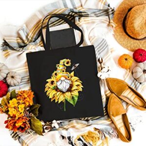 GXVUIS Canvas Tote Bag for Women Aesthetic Sunflower Gnome Reusable Grocery Shoulder Shopping Bags Girls Gifts Black