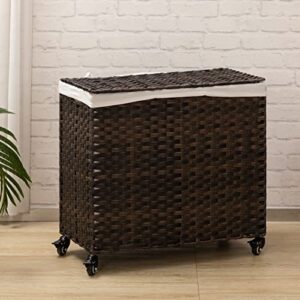 alimorden wicker laundry hamper with lid and wheels 110l clothes laundry basket with removable liner bags large hampers for laundry organizer 3 sections for bedroom closet laundry room bathroom brown