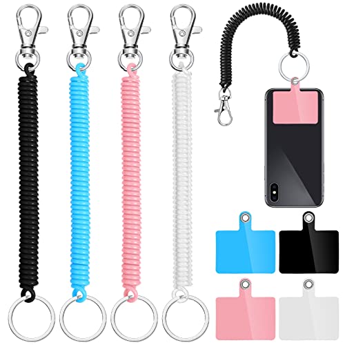 Konohan 4 Sets Phone Lanyard Tether with Patch Phone Tether Phone Strap for Drop Protection Outdoor Hiking Cycling Climbing (Clear, Blue, Black, Pink)