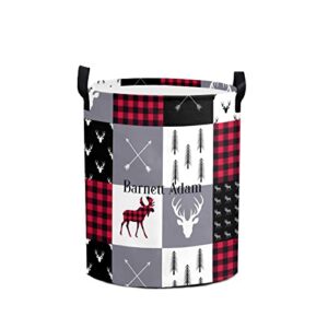 personalized laundry baskets bin, buffalo plaid deer woodland laundry hamper with handles, collapsible waterproof clothes hamper, laundry bin, clothes toys storage basket for bedroom, bathroom, college dorm 50l