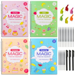 phusblay 4pc large magic practice copybook for kids,cursive workbook and activity book for ages 3-5, tracing letters numbers, math, kindergarten sight words for kids(‎12.13 x 8.43 in)