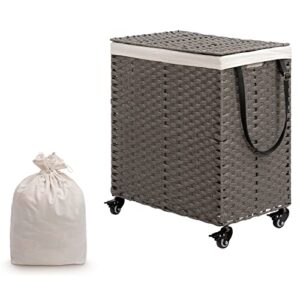 alimorden wicker laundry hamper with lid and wheels handles 100l clothes laundry basket with 2 removable liner bags large hampers for laundry organizer 3 sections for bedroom bathroom grey