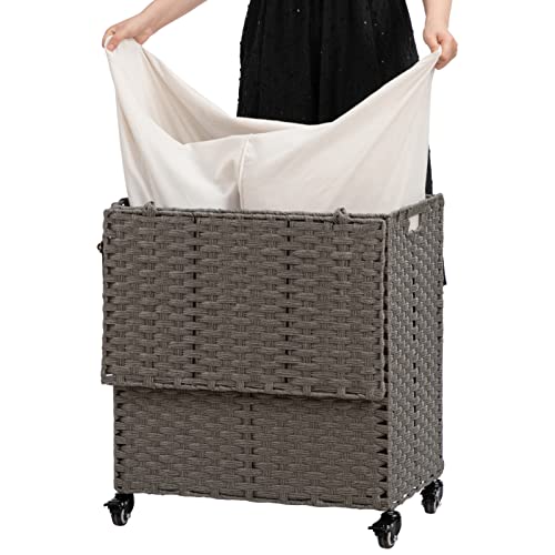 ALIMORDEN Wicker Laundry Hamper with Lid and Wheels Handles 100L Clothes Laundry Basket with 2 Removable Liner Bags Large Hampers for Laundry Organizer 3 Sections for Bedroom Bathroom Grey