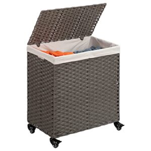 ALIMORDEN Wicker Laundry Hamper with Lid and Wheels Handles 100L Clothes Laundry Basket with 2 Removable Liner Bags Large Hampers for Laundry Organizer 3 Sections for Bedroom Bathroom Grey