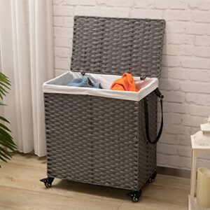 ALIMORDEN Wicker Laundry Hamper with Lid and Wheels Handles 100L Clothes Laundry Basket with 2 Removable Liner Bags Large Hampers for Laundry Organizer 3 Sections for Bedroom Bathroom Grey