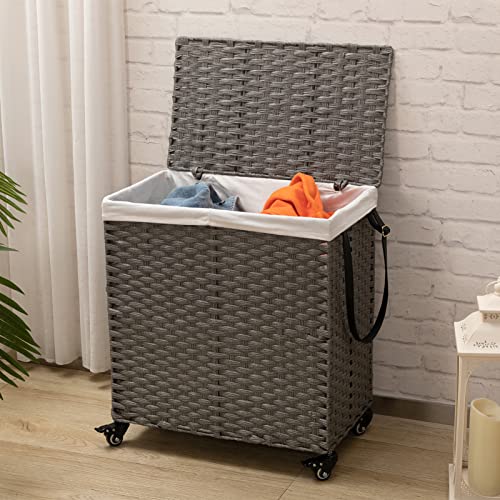 ALIMORDEN Wicker Laundry Hamper with Lid and Wheels Handles 100L Clothes Laundry Basket with 2 Removable Liner Bags Large Hampers for Laundry Organizer 3 Sections for Bedroom Bathroom Grey