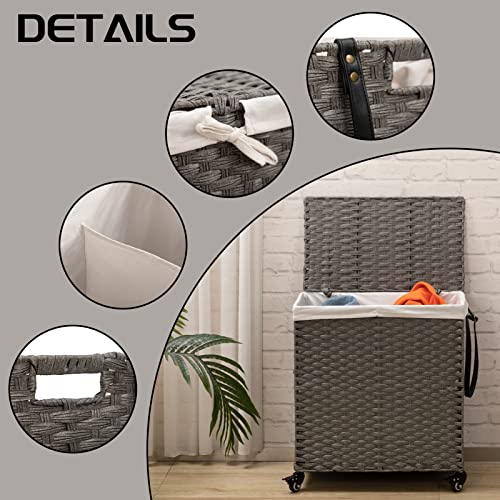 ALIMORDEN Wicker Laundry Hamper with Lid and Wheels Handles 100L Clothes Laundry Basket with 2 Removable Liner Bags Large Hampers for Laundry Organizer 3 Sections for Bedroom Bathroom Grey