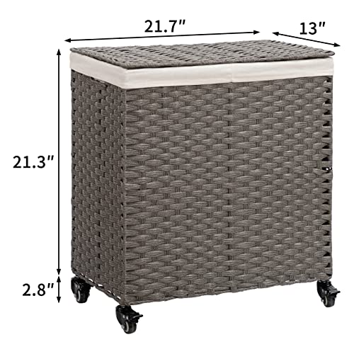 ALIMORDEN Wicker Laundry Hamper with Lid and Wheels Handles 100L Clothes Laundry Basket with 2 Removable Liner Bags Large Hampers for Laundry Organizer 3 Sections for Bedroom Bathroom Grey