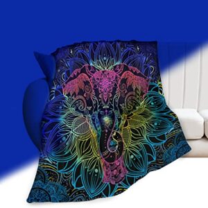 glow in the dark mandala elephant throw blanket, blacklight uv reactive luminous blankets super soft plush flannel furry fleece blanket for sofa chair bed decor unique gifts 60x50 inches
