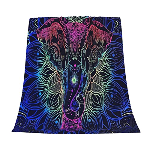 Glow in The Dark Mandala Elephant Throw Blanket, Blacklight Uv Reactive Luminous Blankets Super Soft Plush Flannel Furry Fleece Blanket for Sofa Chair Bed Decor Unique Gifts 60x50 Inches