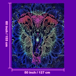 Glow in The Dark Mandala Elephant Throw Blanket, Blacklight Uv Reactive Luminous Blankets Super Soft Plush Flannel Furry Fleece Blanket for Sofa Chair Bed Decor Unique Gifts 60x50 Inches