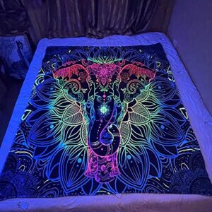 Glow in The Dark Mandala Elephant Throw Blanket, Blacklight Uv Reactive Luminous Blankets Super Soft Plush Flannel Furry Fleece Blanket for Sofa Chair Bed Decor Unique Gifts 60x50 Inches