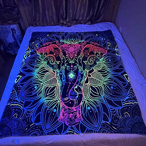 Glow in The Dark Mandala Elephant Throw Blanket, Blacklight Uv Reactive Luminous Blankets Super Soft Plush Flannel Furry Fleece Blanket for Sofa Chair Bed Decor Unique Gifts 60x50 Inches