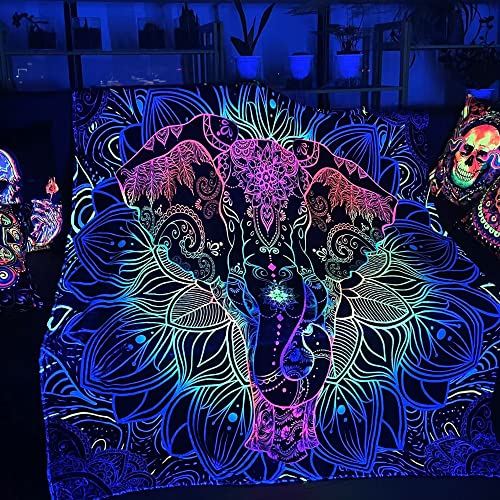 Glow in The Dark Mandala Elephant Throw Blanket, Blacklight Uv Reactive Luminous Blankets Super Soft Plush Flannel Furry Fleece Blanket for Sofa Chair Bed Decor Unique Gifts 60x50 Inches