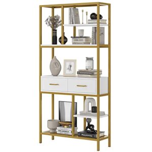 hithos bookshelf, tall bookcase with 2 drawers and storage shelves, industrial etagere bookcase book shelves for office, living room, bedroom, white/gold