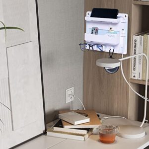 JUMEIHUI Bedside Shelf Wall Mount, Adhesive Bedside Shelf Accessories Organizer with Hooks and Cable Clips,Dorm Bedside Wall Storage for Phone, Remote, Earphone, Kindle,Plastic(White)