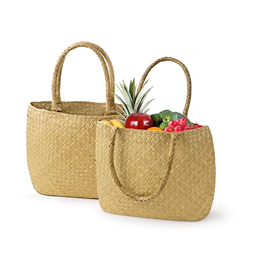 GAIAMADE Set of 2 Seagrass Market Basket Bag, Grocery Bag, Straw Tote Bag, Woven Beach Bag, Utility Tote, Straw Bags For Women, Reusable Grocery Bags, Beach Tote Bag for Shopping, Storage, Travel