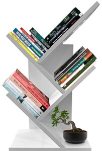 steadyz solid wood tree bookshelf, modern geometric bookcase for small spaces and small rooms, desktop tabletop kitchen organizer, white