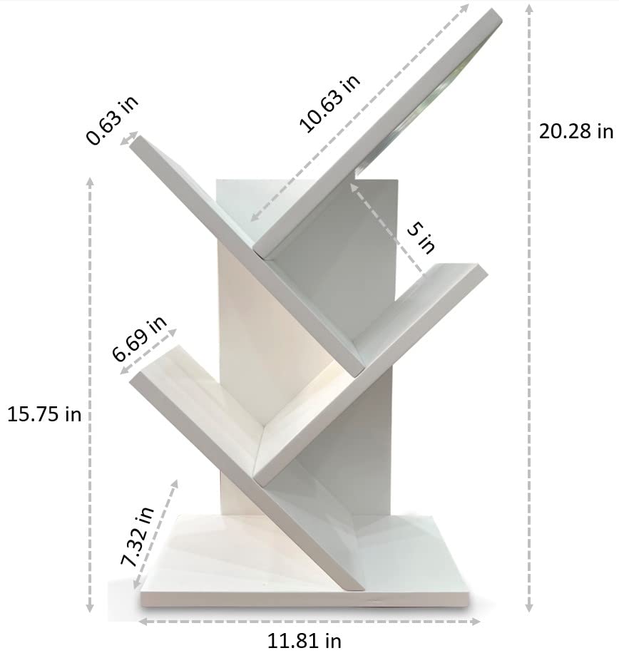 STEADYZ Solid Wood Tree Bookshelf, Modern Geometric Bookcase for Small Spaces and Small Rooms, Desktop Tabletop Kitchen Organizer, White