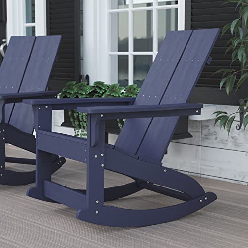 Flash Furniture Finn Modern Commercial Grade Poly Resin Wood Adirondack Rocking Chair - All Weather Navy Polystyrene - Dual Slat Back - Stainless Steel Hardware