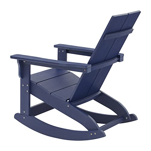 Flash Furniture Finn Modern Commercial Grade Poly Resin Wood Adirondack Rocking Chair - All Weather Navy Polystyrene - Dual Slat Back - Stainless Steel Hardware