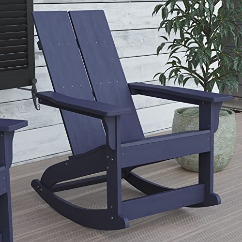 Flash Furniture Finn Modern Commercial Grade Poly Resin Wood Adirondack Rocking Chair - All Weather Navy Polystyrene - Dual Slat Back - Stainless Steel Hardware