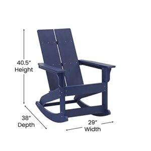 Flash Furniture Finn Modern Commercial Grade Poly Resin Wood Adirondack Rocking Chair - All Weather Navy Polystyrene - Dual Slat Back - Stainless Steel Hardware