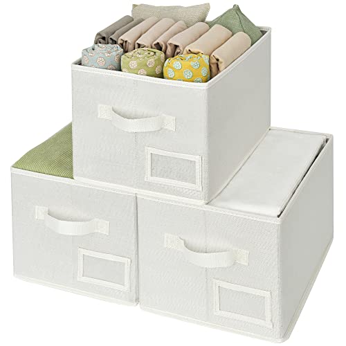 GRANNY SAYS Closet Organizer Bins with Label Holder, Fabric Storage Baskets, Foldable Storage Bins for Living Room, Decorative Storage Containers Organizing, Pearl White, 3-Pack