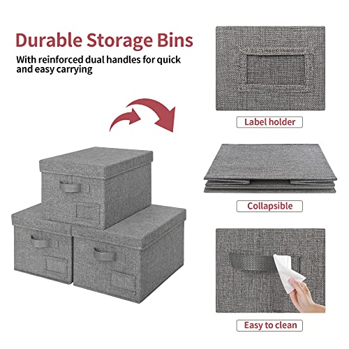 GRANNY SAYS Fabric Bins with Lids, Storage Baskets for Closet Organization, Decorative Storage Containers with Label Holder, Shelf Bins for Organizing Clothes, Dark Gray, 3-Pack