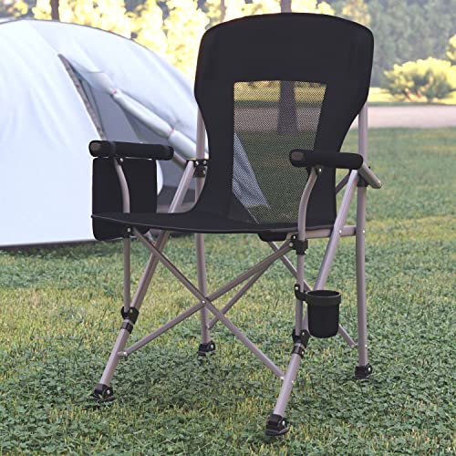 Flash Furniture Heavy Duty Portable Folding Camping Chair - Black Seat & Back with Padded Arms - Gray Steel Frame - Cup Holder, Storage Pouch - Extra Wide Carry Bag