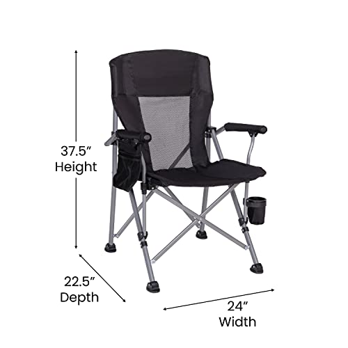 Flash Furniture Heavy Duty Portable Folding Camping Chair - Black Seat & Back with Padded Arms - Gray Steel Frame - Cup Holder, Storage Pouch - Extra Wide Carry Bag