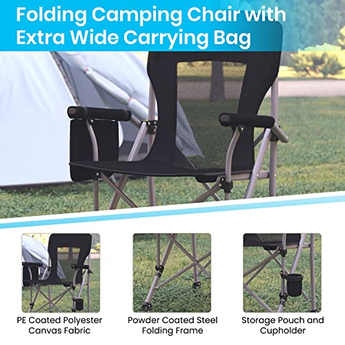 Flash Furniture Heavy Duty Portable Folding Camping Chair - Black Seat & Back with Padded Arms - Gray Steel Frame - Cup Holder, Storage Pouch - Extra Wide Carry Bag