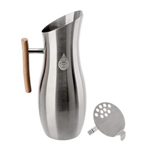 invigorated water stainless steel pitcher with lid - metal pitcher with ice guard - stainless steel water pitcher metal with wooden handle - ideal for cold water and infusing fruit (1.9l, no filter)