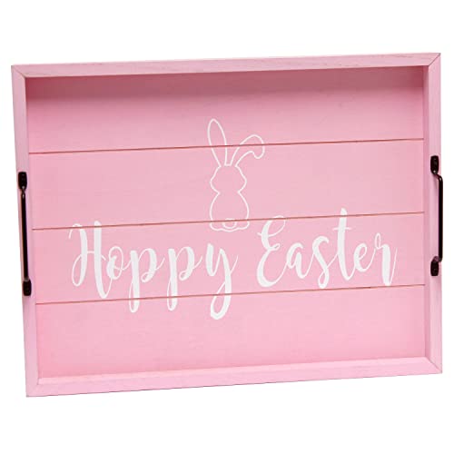 Elegant Designs HG2000-LPE Decorative Wood Serving Tray w/ Handles, 15.50'' x 12'', Hoppy Easter, Light Pink
