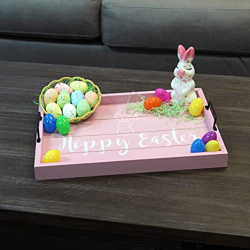 Elegant Designs HG2000-LPE Decorative Wood Serving Tray w/ Handles, 15.50'' x 12'', Hoppy Easter, Light Pink