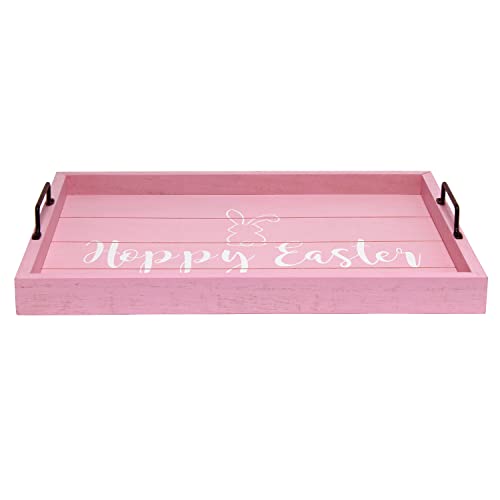 Elegant Designs HG2000-LPE Decorative Wood Serving Tray w/ Handles, 15.50'' x 12'', Hoppy Easter, Light Pink