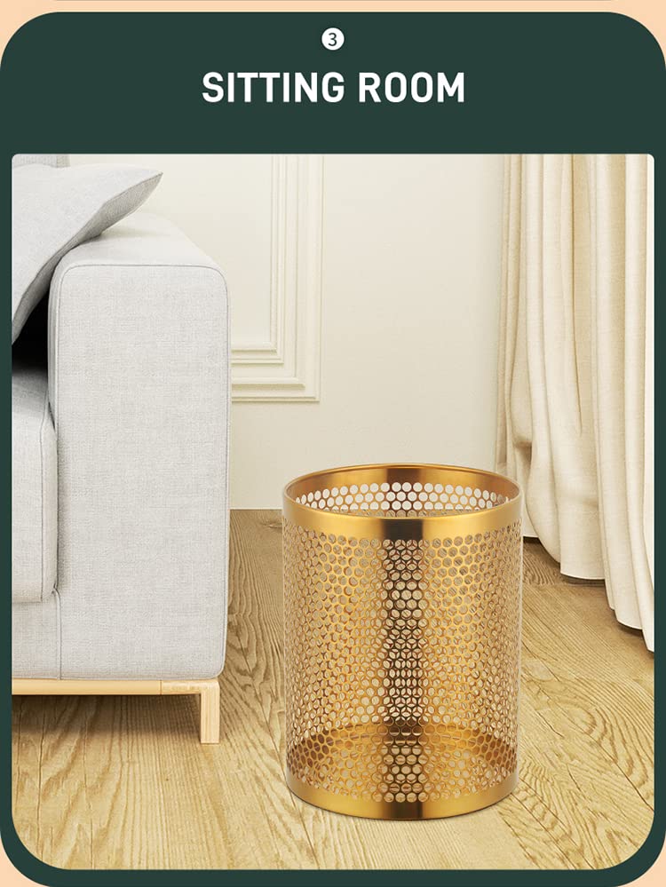 QIBORUN Mesh Wastebasket Round Stainless Steel Trash Can Recycling Bin for Home, Office, Bathroom, Bedroom & Kitchen, 3.5 Gallon / 12L, 11inch Height x 10inch Diameter Garbage Can-Gold