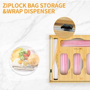 Ziplock Bag Storage Organizer with Cutter, 2 IN1 Bamboo Roll Plastic Bag Organizer for Kitchen Drawer, Compatible with Gallon Quart Sandwich Bag and Aluminum Foil Plastic Wrap