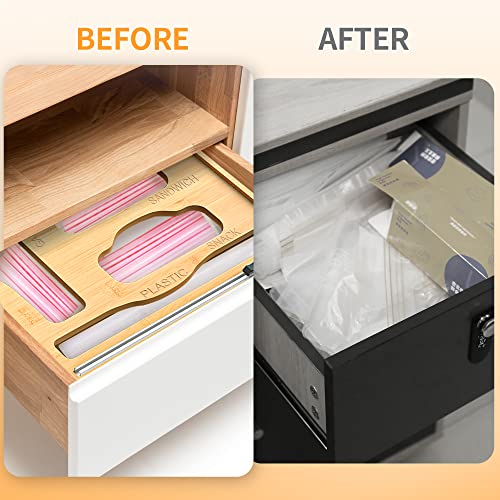 Ziplock Bag Storage Organizer with Cutter, 2 IN1 Bamboo Roll Plastic Bag Organizer for Kitchen Drawer, Compatible with Gallon Quart Sandwich Bag and Aluminum Foil Plastic Wrap