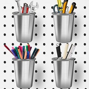 food grade pegboard cups and pegboard hooks, pegboard organizer storage jars with steel rings, pegboard accessories for craft room -set of 4 ( stainless steel )