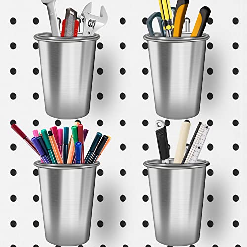 Food Grade Pegboard Cups and Pegboard Hooks, Pegboard Organizer Storage Jars with Steel Rings, Pegboard Accessories for Craft Room -Set of 4 ( Stainless Steel )