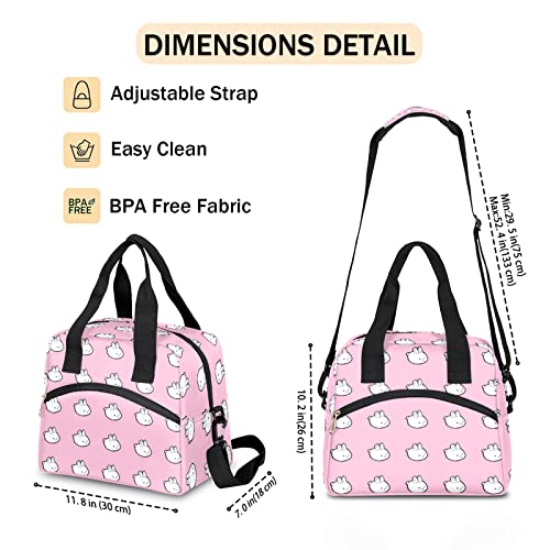 Cute Bunny Insulated Lunch Bag for Women Teen Girls Pink Kawaii Rabbit Large Cooler Thermal Lunch Box Durable Leakproof Tote Bag with Shoulder Strap for Work School Office Travel Meal Prep Bag