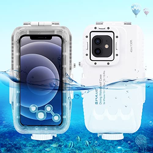 Andoer PU9113W Diving Waterproof Phone Case Dust-Proof Shock-Proof Phone Housing with Red Filter 1/4 Inch Screw Holes Replacement for iPhone 13/13 Pro/ 12/12 Pro Diving Surfing Swimming Surfing