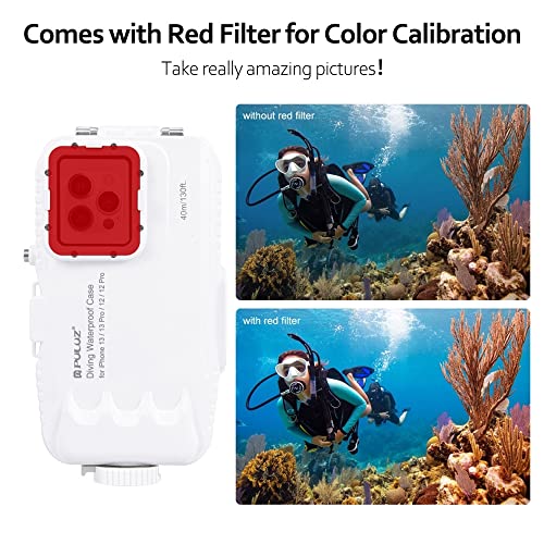 Andoer PU9113W Diving Waterproof Phone Case Dust-Proof Shock-Proof Phone Housing with Red Filter 1/4 Inch Screw Holes Replacement for iPhone 13/13 Pro/ 12/12 Pro Diving Surfing Swimming Surfing