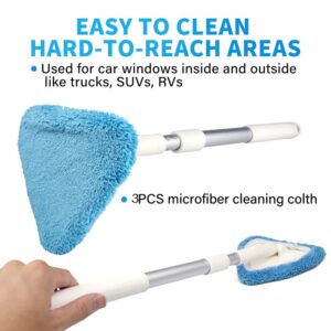 BITOPE Windshield Cleaning Tool, Car Window Cleaning Windshield Cleaner with Extendable Long Handle and 3pcs Washable Reusable Microfiber Pads, Car,Office, Auto Inside Glass Wiper Kit