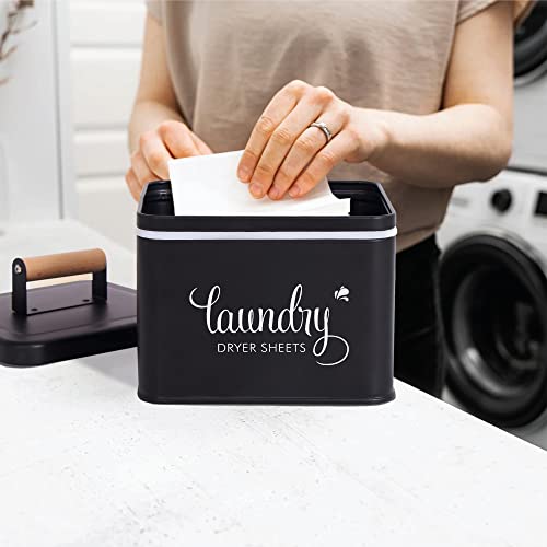 Dryer Sheets Holder Modern Farmhouse Dryer Sheet Dispenser Container with Lid, Metal Dryer Sheet Box, Fabric Softener Dispenser, Storage Box, Lint Bin for Laundry Room decoration (Matte Black)