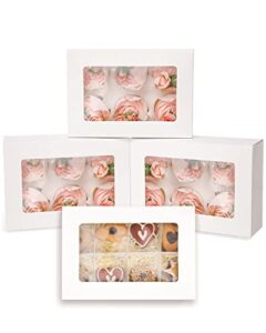 qiqee white 6 cupcake boxes with window auto-pop up 30 packs cupcake box 9"x6.1"x3.3" bakery boxes for cupcakes carrier, cupcake containers