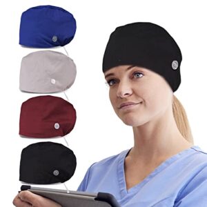 4 packs working caps with button and sweatband, adjustable bouffant scrub caps women dental scrub hats nurse caps women men