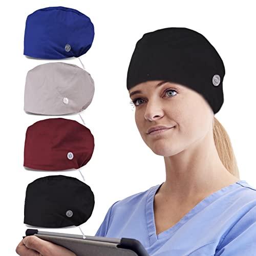 4 Packs Working Caps with Button and Sweatband, Adjustable Bouffant Scrub Caps Women Dental Scrub Hats Nurse Caps Women Men